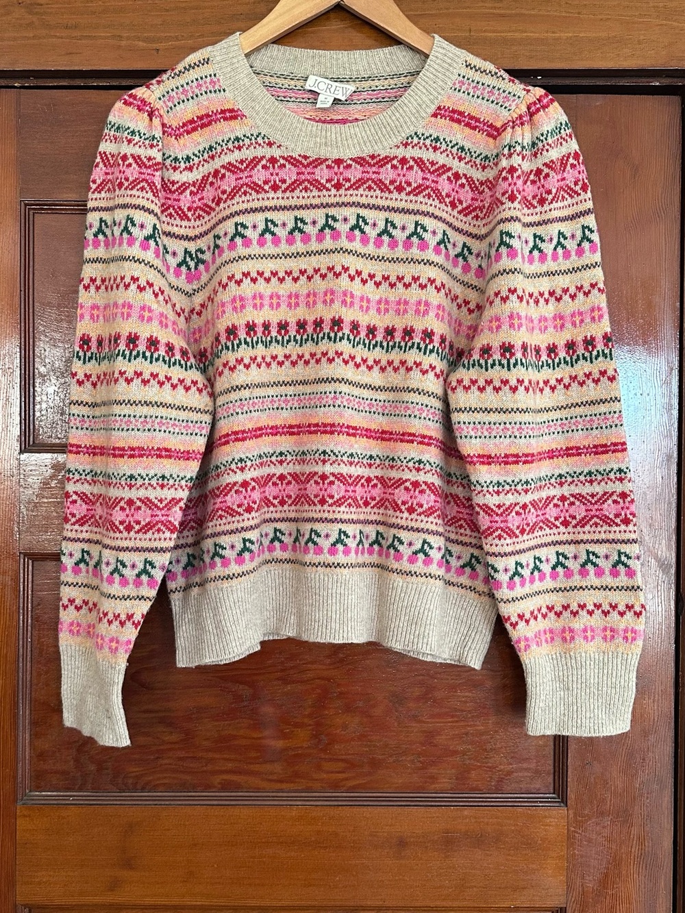 J. Crew Puff-Sleeve Cherry Fair Isle Crewneck Sweater Size Medium Festive Retro